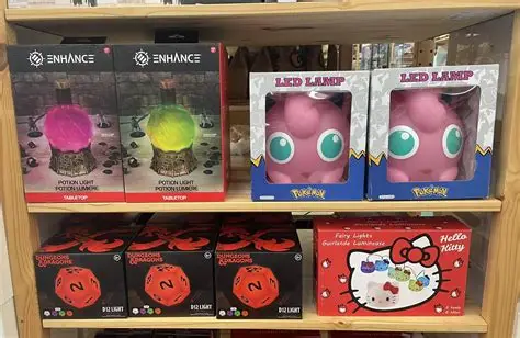 Dice sets and geeky gifts on the shelf at Geek World, Tyler, TX